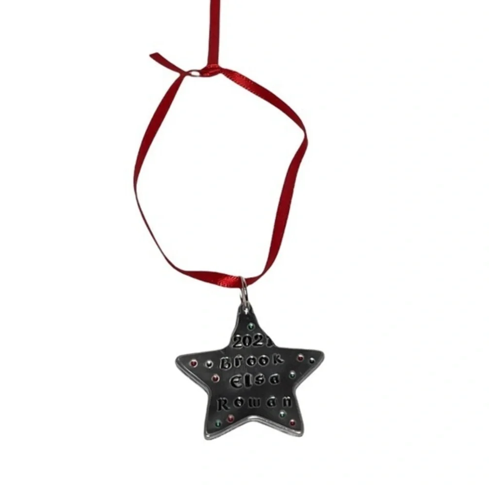 Handmade personalized Star holiday Christmas red ribbon silver aluminum ornament
